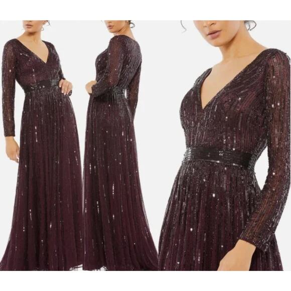 Mac Duggal Dresses & Skirts - Mac Duggal 4977 Sequined & Bead Plunging V-Neck Mulberry Gown SZ 14 NWT